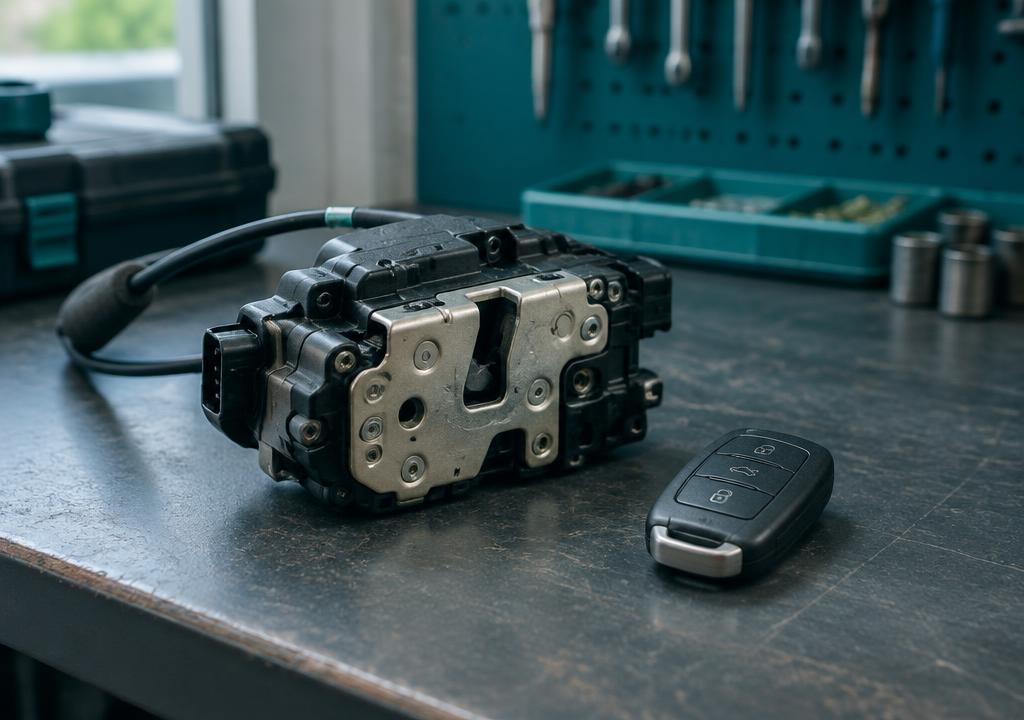 Car lock mechanism and key fob on a workbench