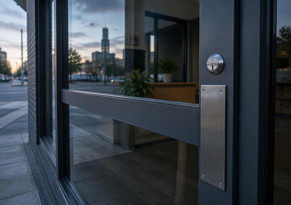 Metal lock on a commercial glass entry door