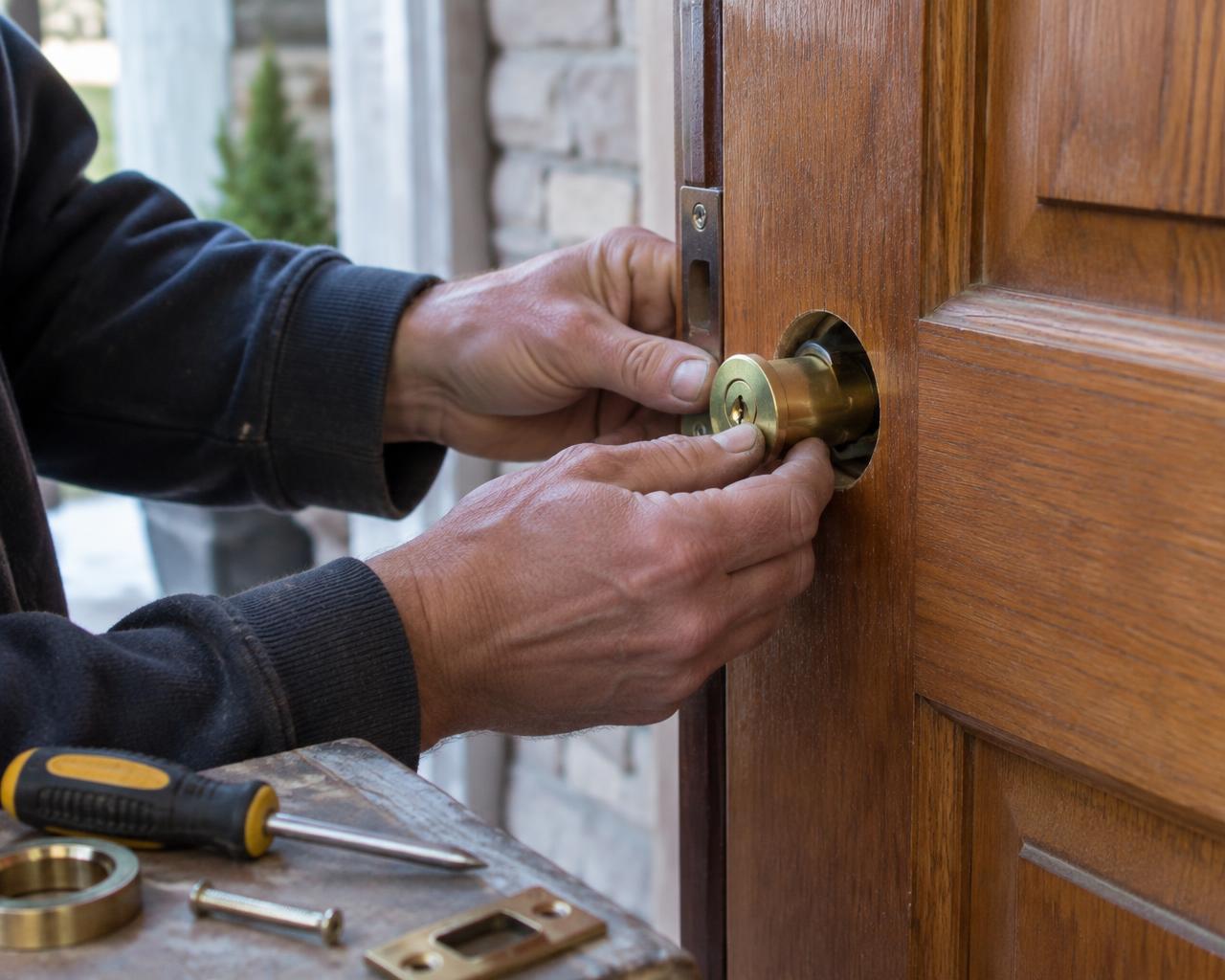 Hands fitting a brass lock cylinder into a timber door