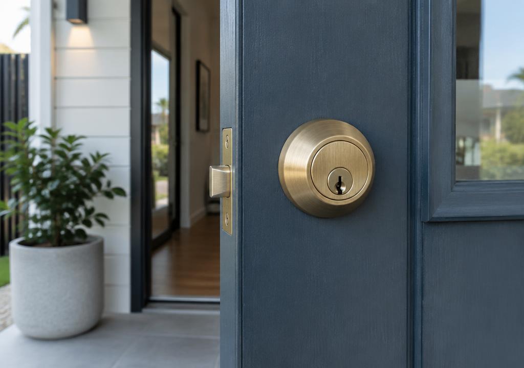 Brass deadbolt fitted to a residential front door